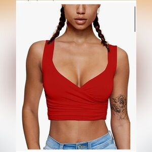 XXTAXN Women's Sexy Cross Wrap Sleeveless V Neck Club Party Crop Tank Tops Red S